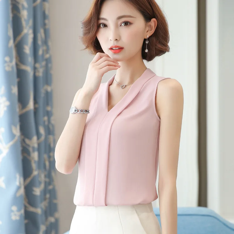 Large size Women Chiffon Blouses Ladies Tops Female Sleeveless Office Lady White Shirt Female Clothing shirts for women 2022