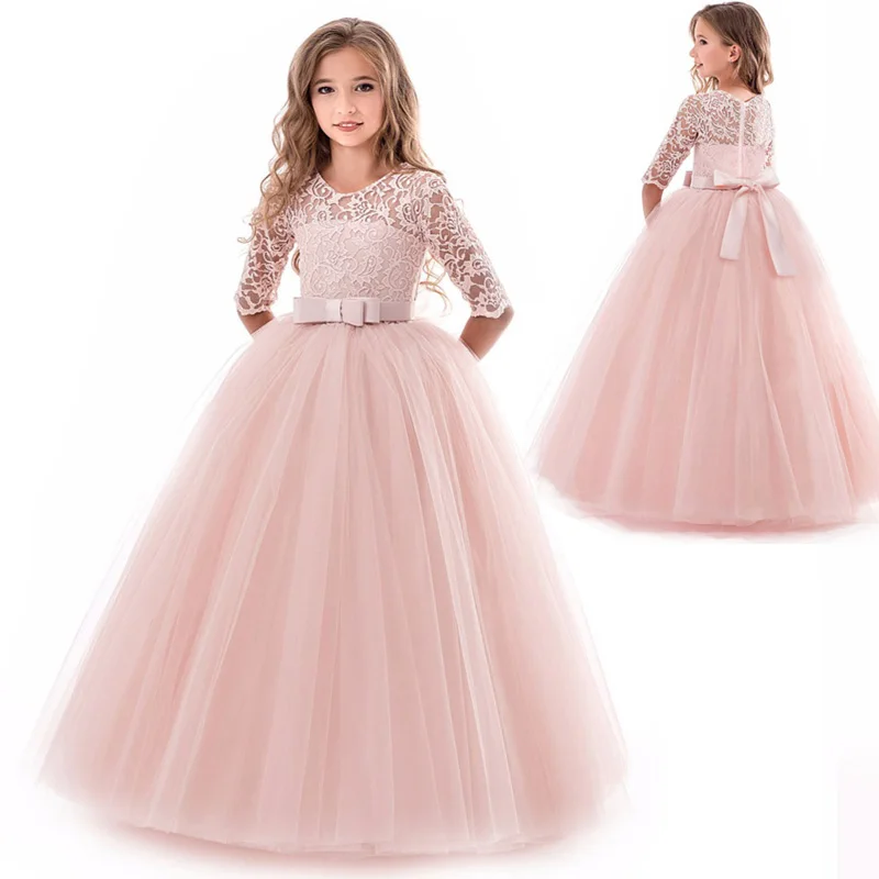 Long Sleeve White Lace Bridesmaid Dresses For Girls Children Formal Evening Gown Elegant Kids Girl Birthday Wedding Party Dress