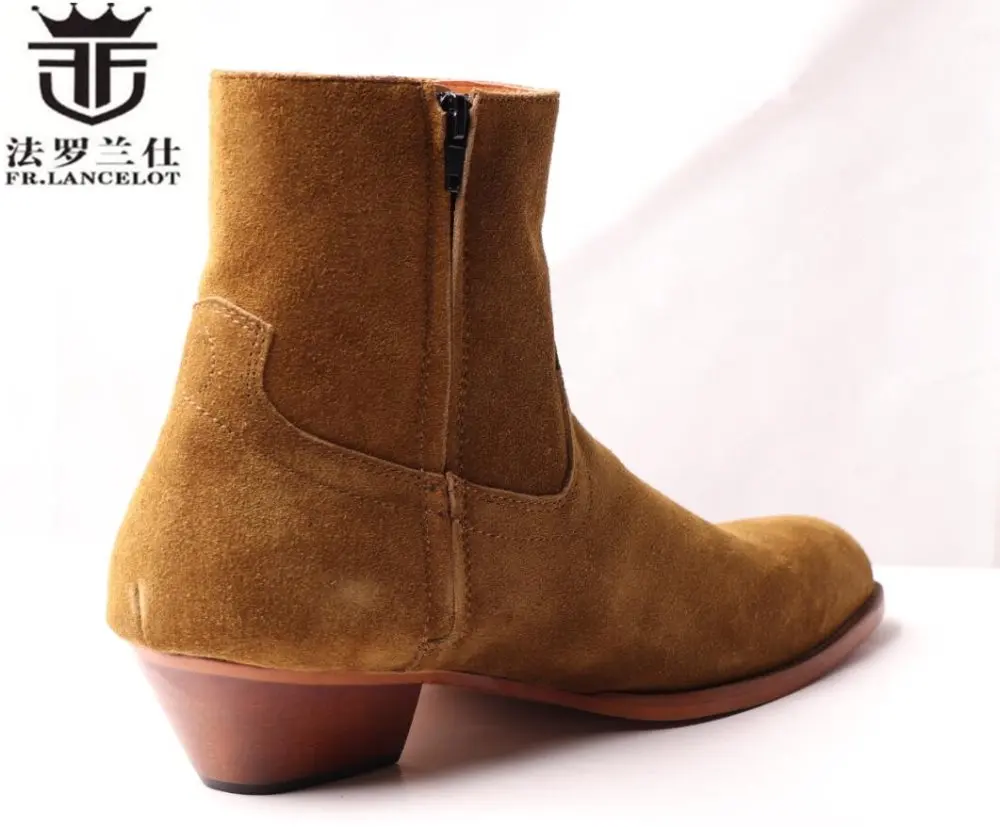 FR.LANCELOT fashion Chelsea boots men real suede leather boots British Style zip up ankle shoes high top med heel men boots