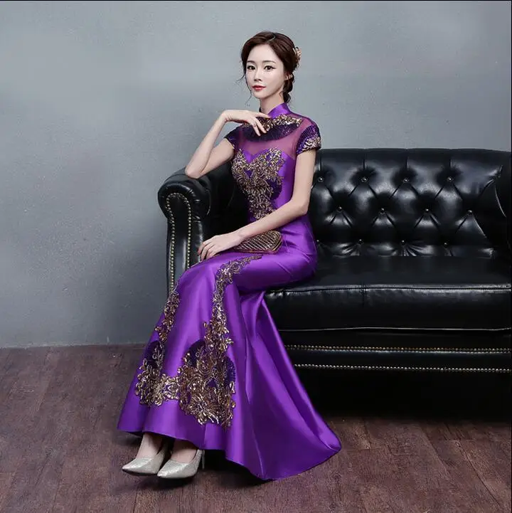 Purple Cheongsam Dress Women Chinese Oriental Fish tail Embroidered Summer Open Back Host Stage