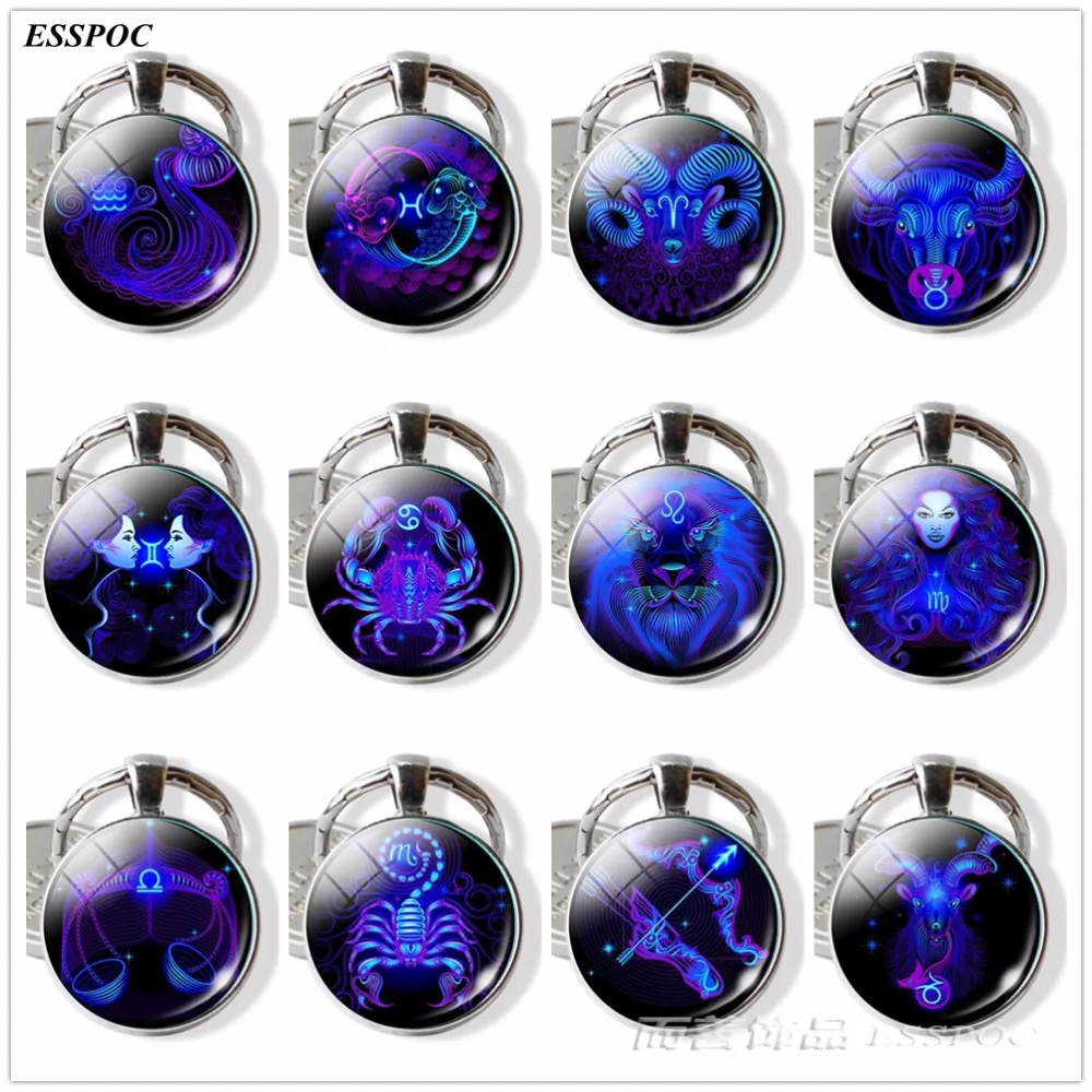 12 Constellation Leo Virgo Key Chains Glass Cabochon Pendant Zodiac Sign Key Rings Bag Pendant Keychain Birthday Gift