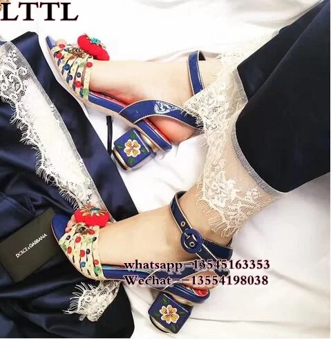 

Summer hottest Bohemian style multi-color pom poms square heel sandals sweet fluffy dress high heel wedding shoes dropship