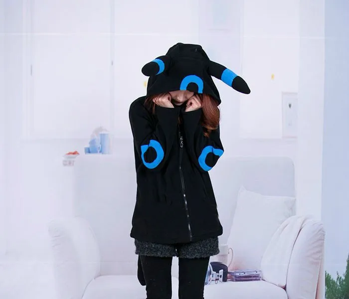 Shiny Umbreon Women Men Zip Hoodie with Ears Tails Cosplay Costume Hoodie Jacket Coat Outwear Hooded Sweatshirt