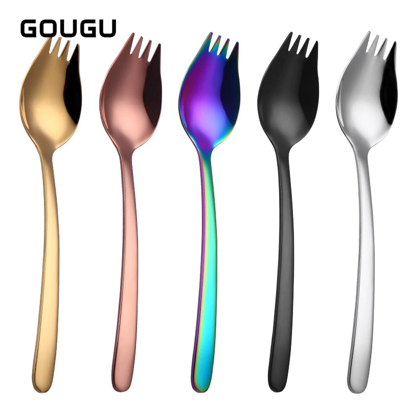 

GOUGU 2 in 1 Stainless Steel Spoon Fork With Long Handle Salad Noodles Ice Coffee Tea Fruit Spoon Home Kitchen Tableware Spoons