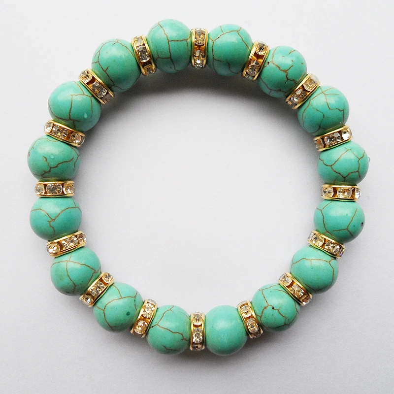 tiki amcıklı full damla Good quality gold-color bohemia style stretch rope chain Natural round turquoise bracelet for women man