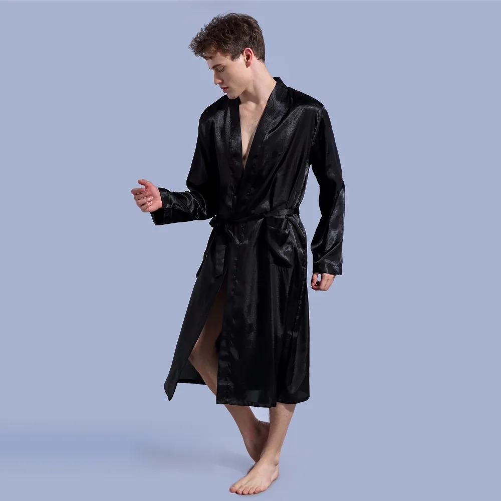 Black Long Sleeve Chinese Men Rayon Robes Gown New Male Kimono Bathrobe Sleepwear Nightwear Pajamas S M L XL XXL