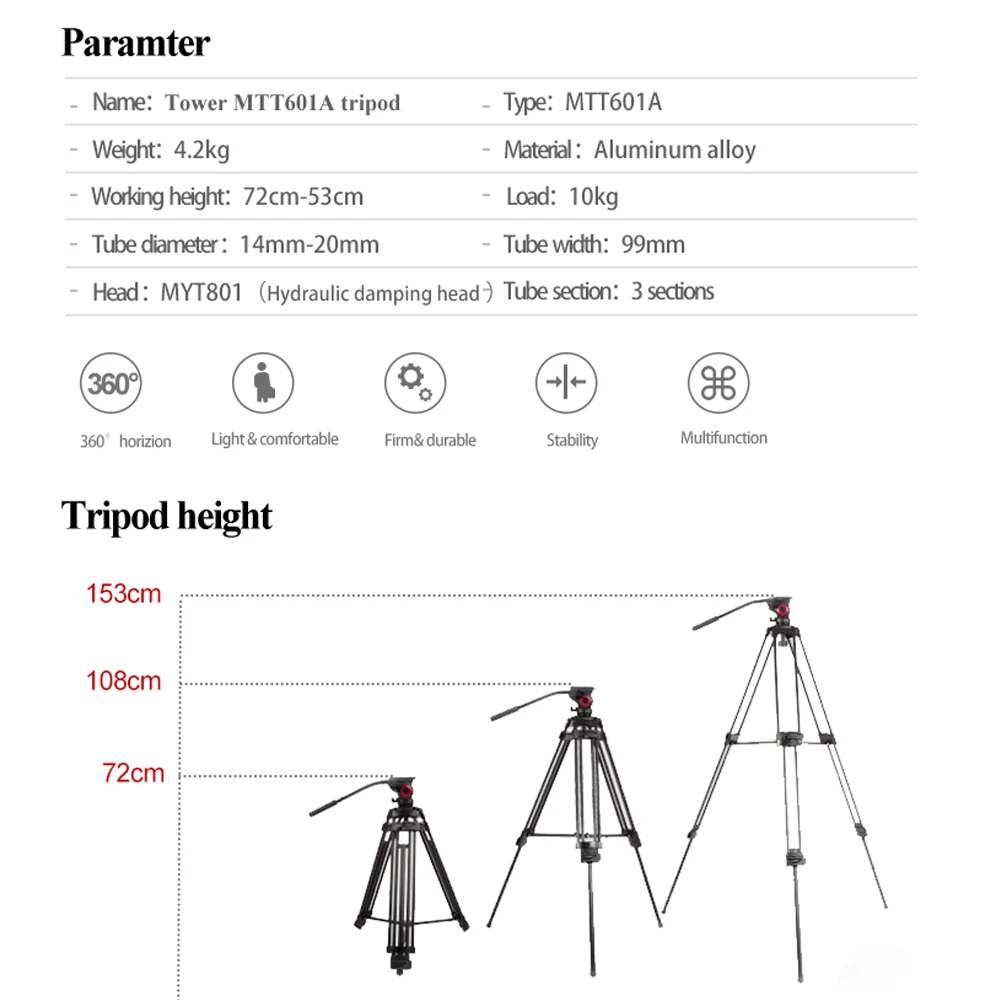 miliboo MTT601A Alloy aluminum Fluid ball head camcorder Video tripod 15kg bear weight with Fluid Bowl Pan Head Tripod