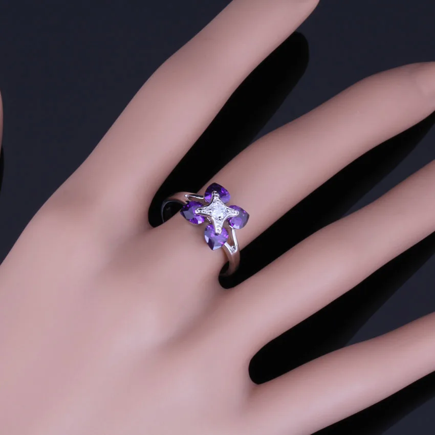 Silky Heart Shaped Purple Cubic Zirconia White CZ Silver Plated Ring V0423