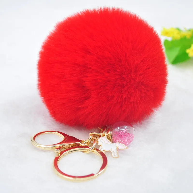 Fluffy Fur Pompom Ball Unicorn Keychain Female Crystal Charm Pompon Key Chain For Women Car Bag Trinket Party Gift