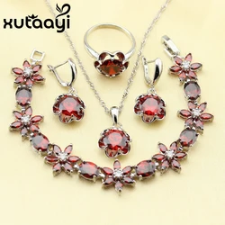 Cheerful  Sterling Silver Women Jewelry Set Red Created Garnet Four Piece Sets Ring Necklace Pendant Bracelet Earring