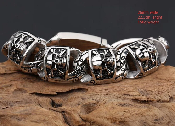 Stainless Steel Biker Huge Heavy Solid  Men's Skeleton Skull bracelet Ghost bangle Chain 8.8inch