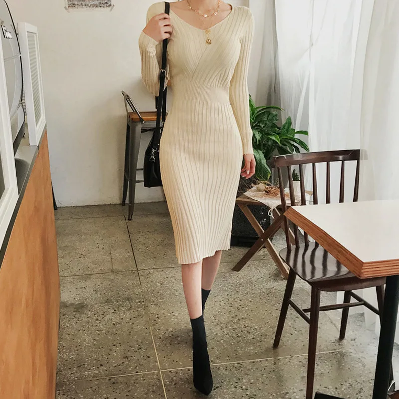 2019 Winter Herbst Elastische Gestrickte Kleid Frauen Lange Hülse Grundlegende Tragen Wrap Midi Kleid Frauen Feste Mantel Bodycon Pullover Kleid