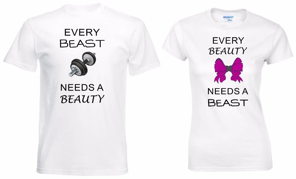 Men Tshirt Homme Fashion Men Tops Beast & Beauty Slogan Dumbbell Weight Muscles Pink Bow Couple Matching Tee Shirts