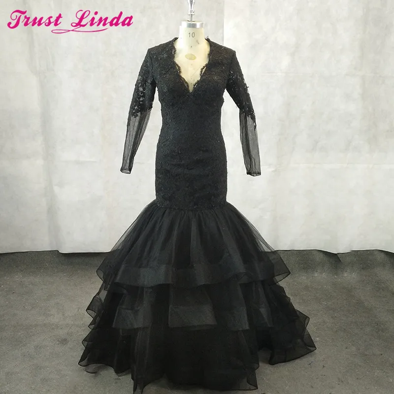 Vestido largo de sirena para madre, prenda elegante con cuello en V, Apliques de encaje negro, manga larga, para fiesta