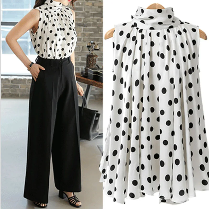 2023 Summer Women Sleeveless Blouse Oversized Tops Polka Dot Female Shirts Turtleneck Tie Bow Loose Chiffon Blause KE71