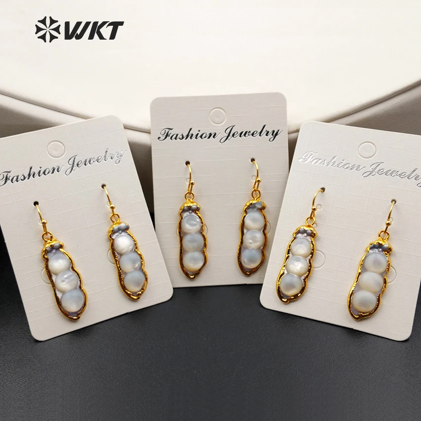 

WT-E348 WKT Jewelry Wholesale Custom Lovely Natural Shell Earring Bean Shape Shells Earring With Gold Tirm For Girlfriend Gift