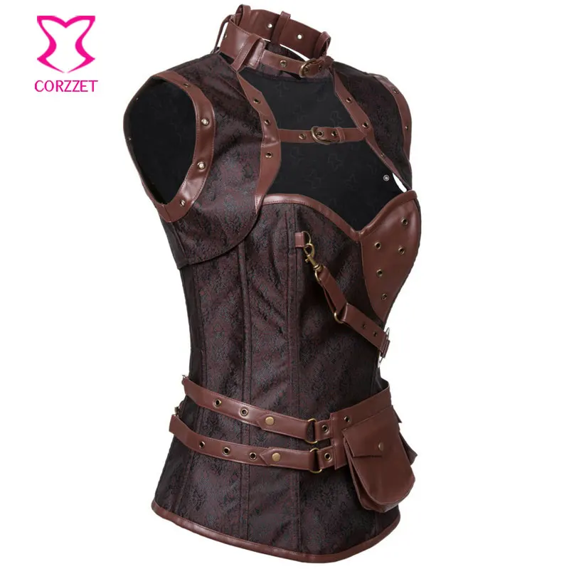 Vintage Sexy Brown Gothic Punk Leather Corset Jacket Outfits Espartilhos E Corpetes Steel Boned Waist Slim Bustier Plus Size 6XL