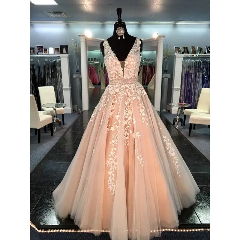 

Linyixun Vestido De Fiesta 2020 Princess Champagne A-Line Tulle Prom Dresses Deep V-Neck Appliqued Women Evening Party Gowns