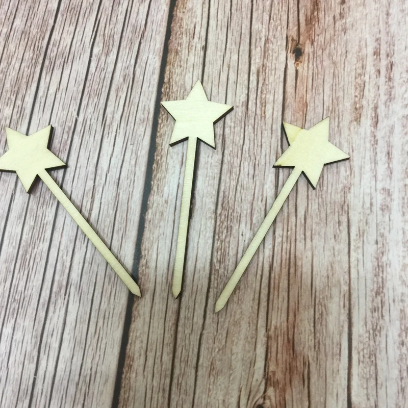 50pcs star shape laser cut wood topper cupcake wooden cupcake toppers 7.3*2.5cm