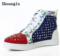 SHOOEGLE New Men Big Size 39-46 Spike Shoes Fashion Flats High-top Men Ankle Boots Printing Platform Colorful Rivets Studs Shoes