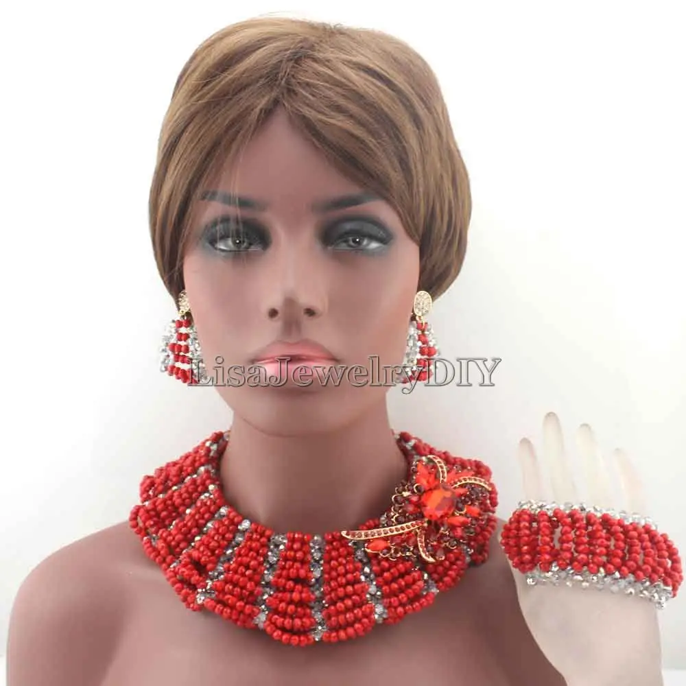 

Terrific New Chunky Red Nigerian Beads Jewelry Set Wedding African Jewelry Sets Handmade Free Shipping HD8244