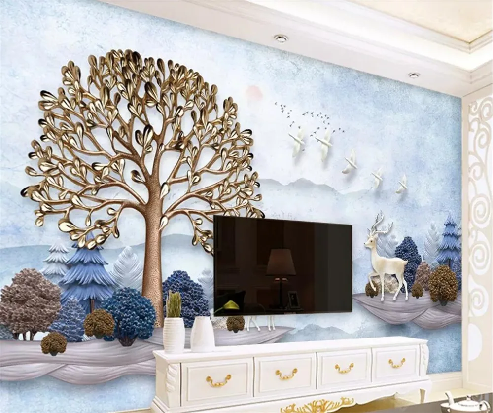 

beibehang Custom wallpaper 3d modern minimalist embossed stag deer rich tree tree living room TV background wall