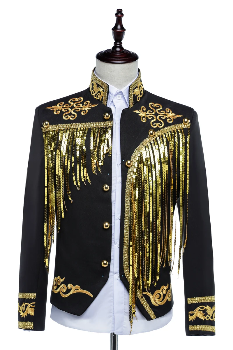 Golden Black Sequins Male Jacket Coat Court Dress Bar Men Singer Stage Wear England Style Host Chorus Team Performance Outerwear