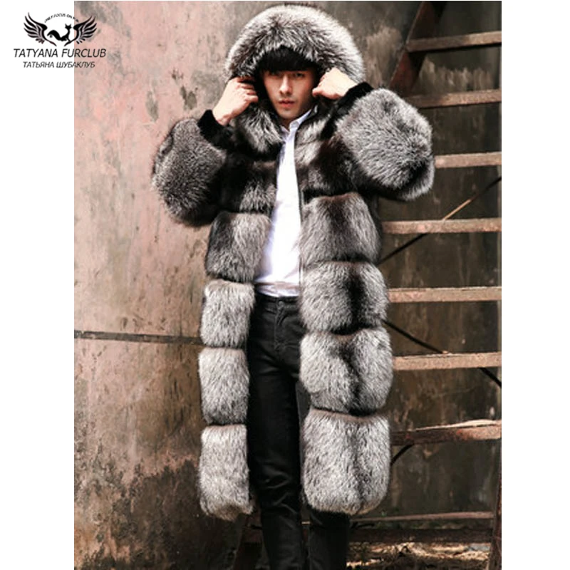 Tatyana Furclub Luxury Full Pelt Real Silver Fox Fur Coat For Men's Long Jackets With Hood Thick Warm Winter Fashion Fur Coats