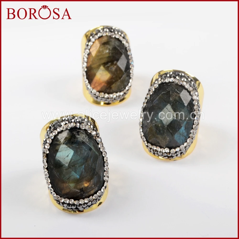 

BOROSA 5/10PCS Natural Labradorite Stone Gold Color Band Rings, New Freeform Gems Stone pave cz Adjustable Rings Jewelry JAB899