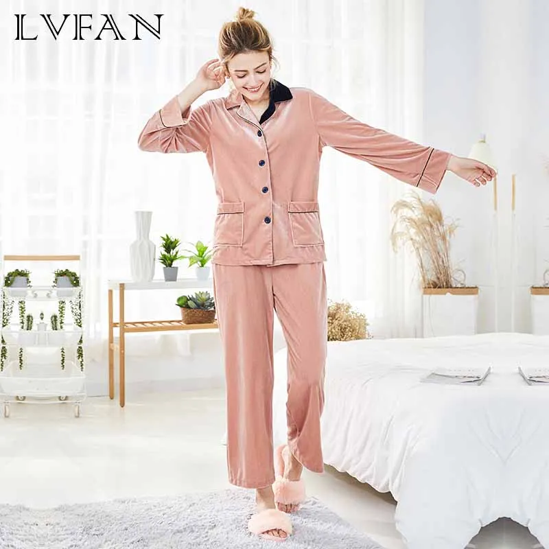 Women Pajamas Lingerie Home Sleep Wear Autumn and Winter Ladies Long Sleeves Two Suits Home Furnishing SR969