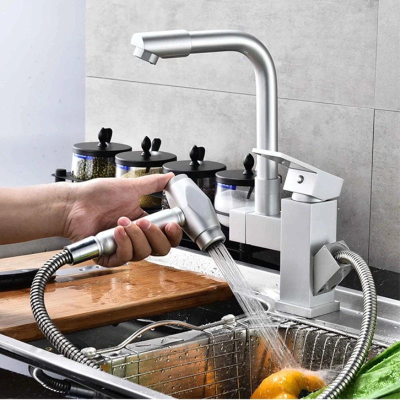 1pc Space Aluminum Pull-out Kitchen Sink Faucet Washing Dish Bowl Hot and Cold Water Rotating Stretching Universal Tap