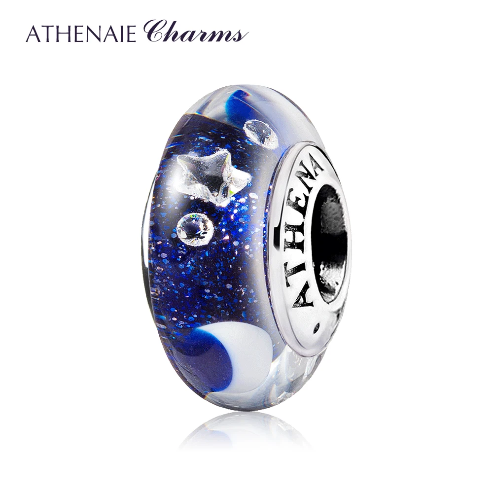 

ATHENAIE 925 Sterling Silver Clear CZ Starry Night Sky Murano Glass Beads Fit European Style Jewelry Charms Bracelets for Women