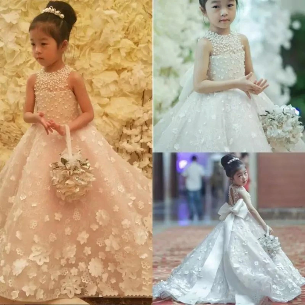 Vestidos de flores hechos a mano para niñas, bonito vestido de princesa con lazo y cinturón, longitud hasta el suelo, vestido de dama de honor, vestido de baile para desfile