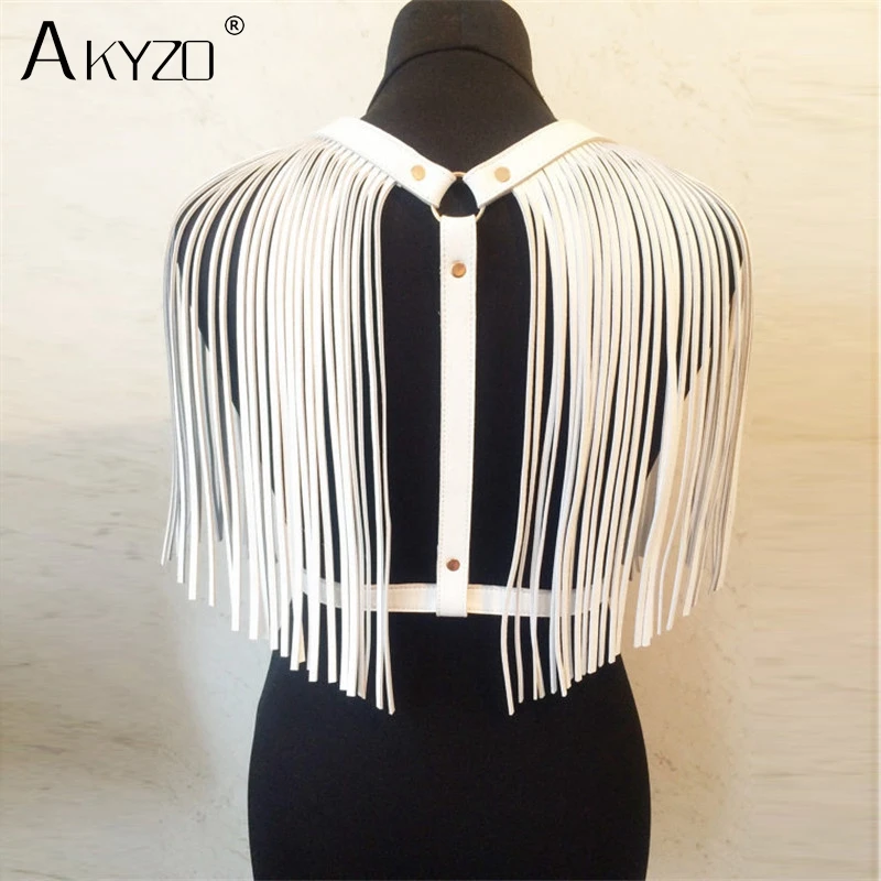 AKYZO Women PU Leather Crop Top Fashion Adjustable Waist Harness Bondage Belt Tassel Costume Party Stage Performance Tank Top