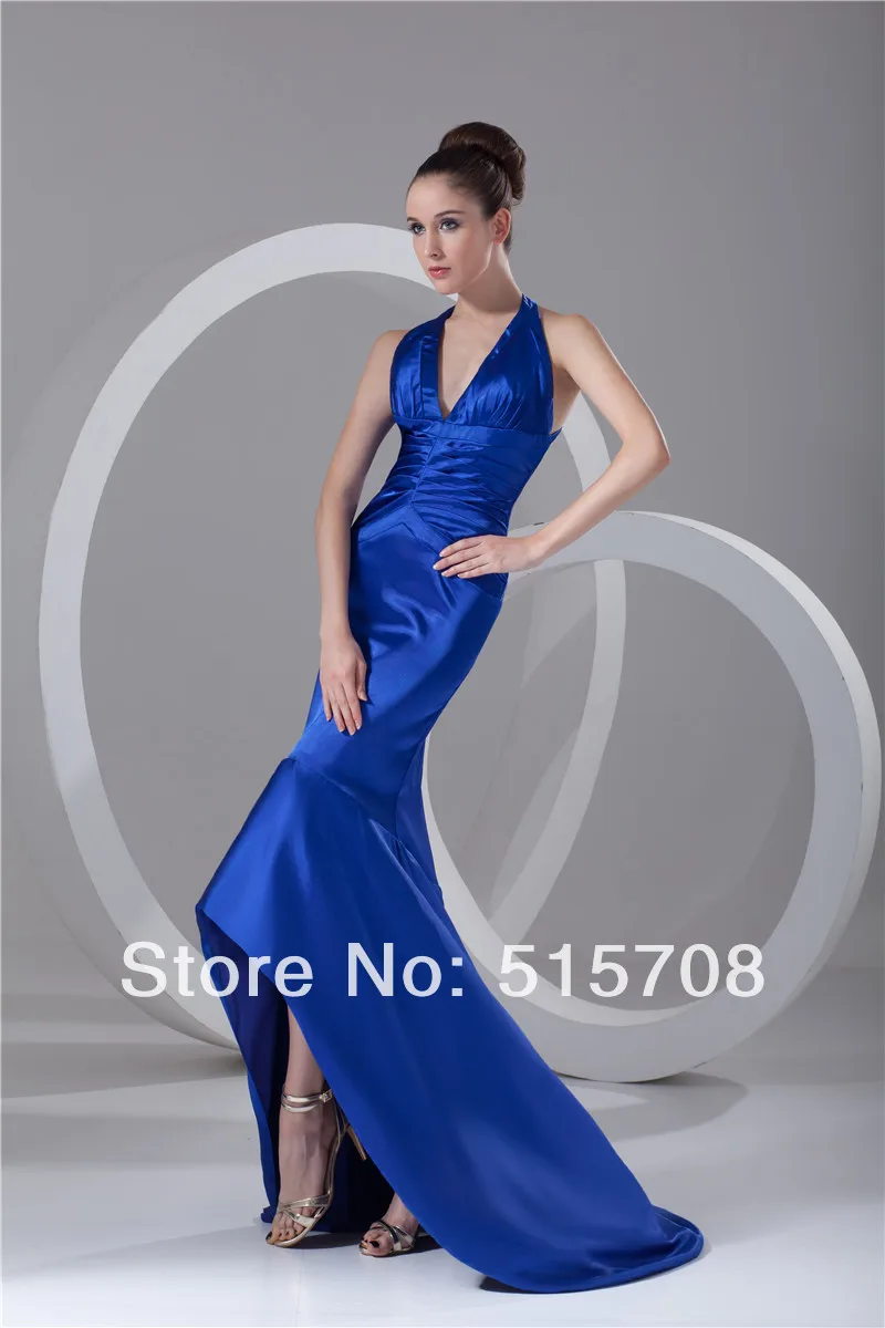 new V Neck Royal Blue Prom Gown Court Train Backless Trumpt High Low Formal Evening Dresses Size 2 4 6 8 10 12 14 16