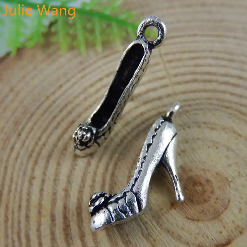 Julie Wang 20PCS High Heel Shape Charms Antique Silver Color Pendant Handmade Hanging Crafts Jewelry Making Accessory