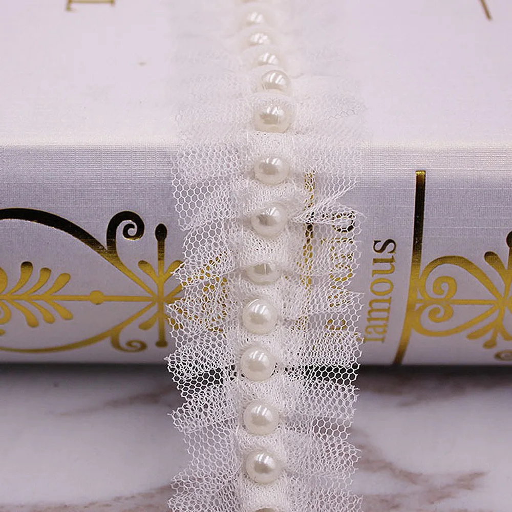 1 Yard 2 Style White Pearl Mesh Lace Trim Crease Ribbon Lace Fabric Collar Dress Sewing Garment Headdress Materials 2/3cm Width