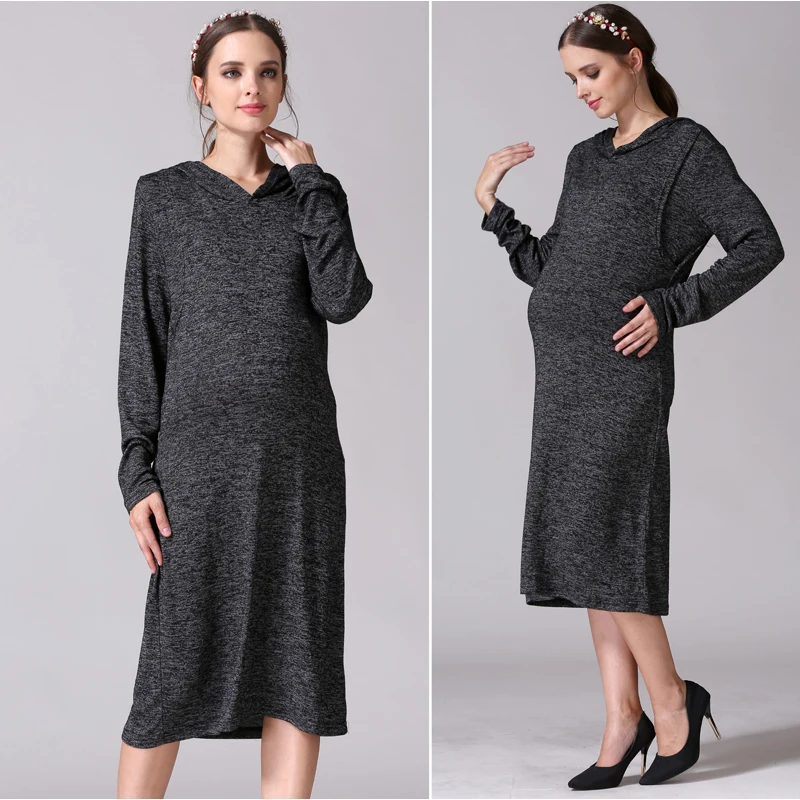 Heather Hoodie Nursing Maternity Dress Long Sleeve Side Lift Feeding Soft Stretch Loose Pregnant Women Casual Midi Gown
