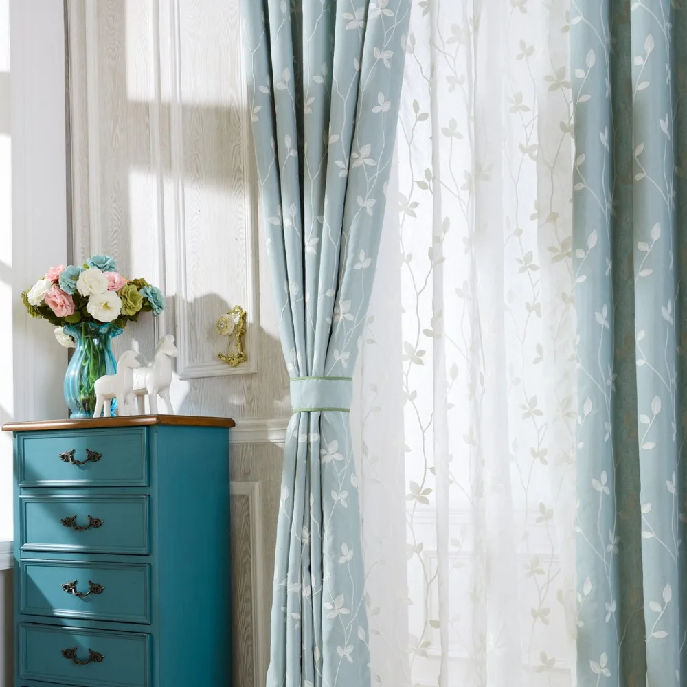 

[Slow Soul]Cotton Embroidered Curtains Light Blue White Leaves Window Curtains Sheer Curtains Drapes Rideaux Living Room Cortina