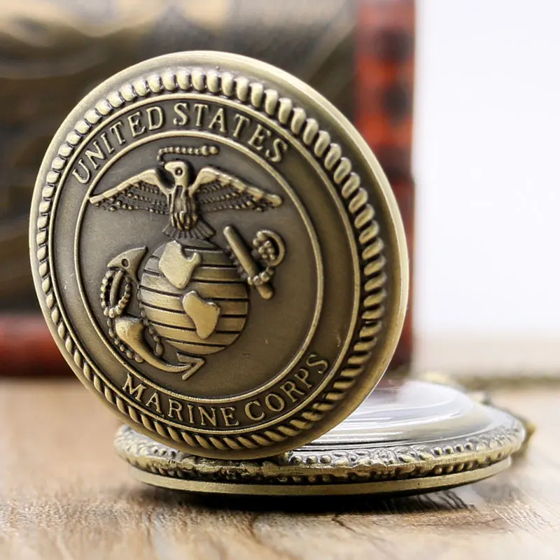 Relojes de bolsillo con esfera de números árabes de bronce antiguo para hombres, diseño del Cuerpo de Marines de los Estados Unidos, reloj de cuarzo de alta calidad