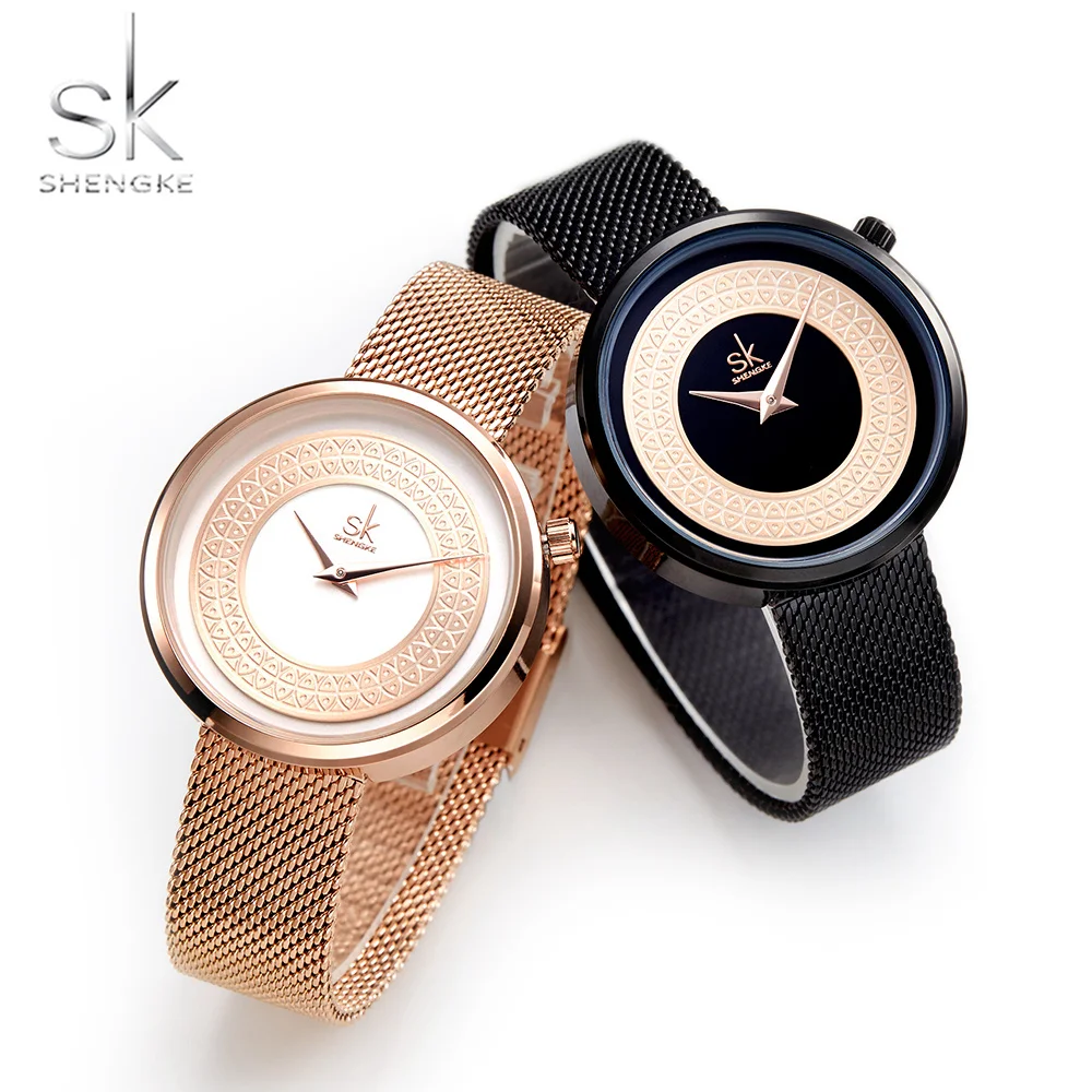 Shengke Nieuwe Jurk Vrouwelijke Horloge Vrouwen Metalen Mesh Mode Quartz Horloges Klassieke Dames Klok Luxe Merk Relogio Feminino