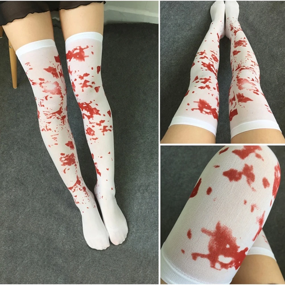 Halloween Cosplay Nurse Costume Socks Bloody High Stockings Women Stockings Blood Stained High Socks Halloween Over Knee Socks