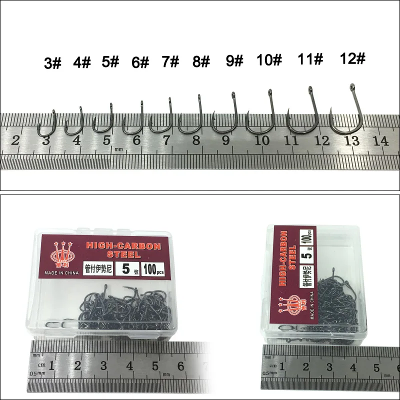 100Pcs High Carbon Steel Fishing Hooks  3 # -12 # Set in Fly Fishing hook Jig Barbed Wire With Hole For Fishing Accessory Pesca
