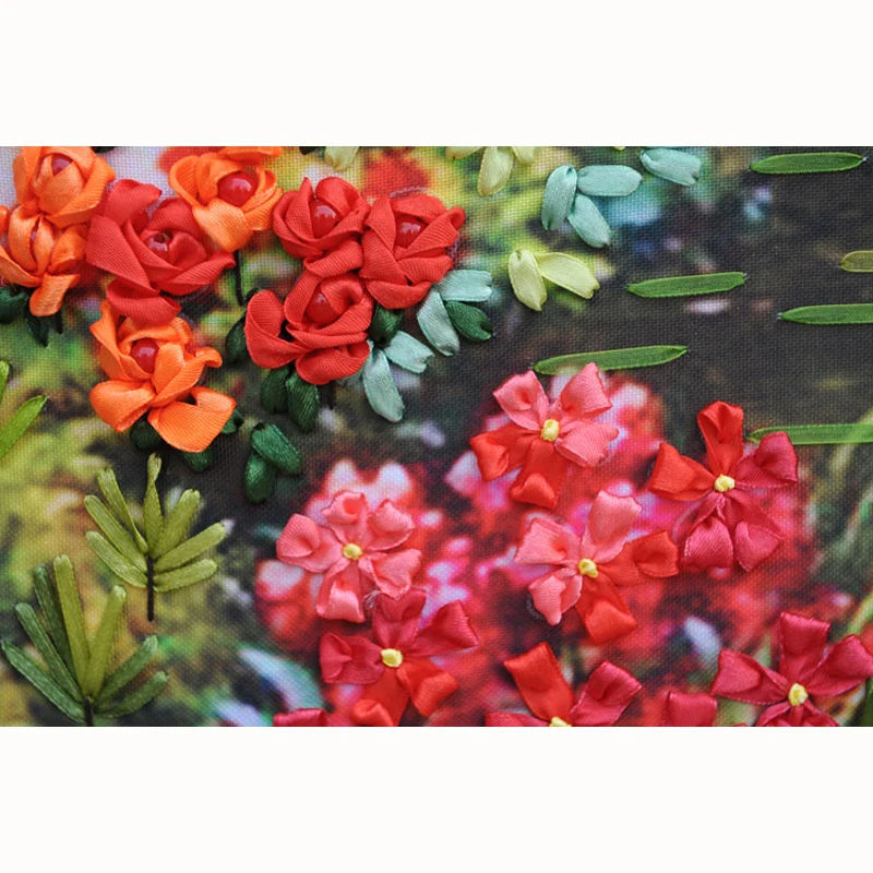 handwork  Ribbon embroidery 100X65CM print 3d cross stitch paintings landscape flowers Cherry hut needlework diy kits pattern