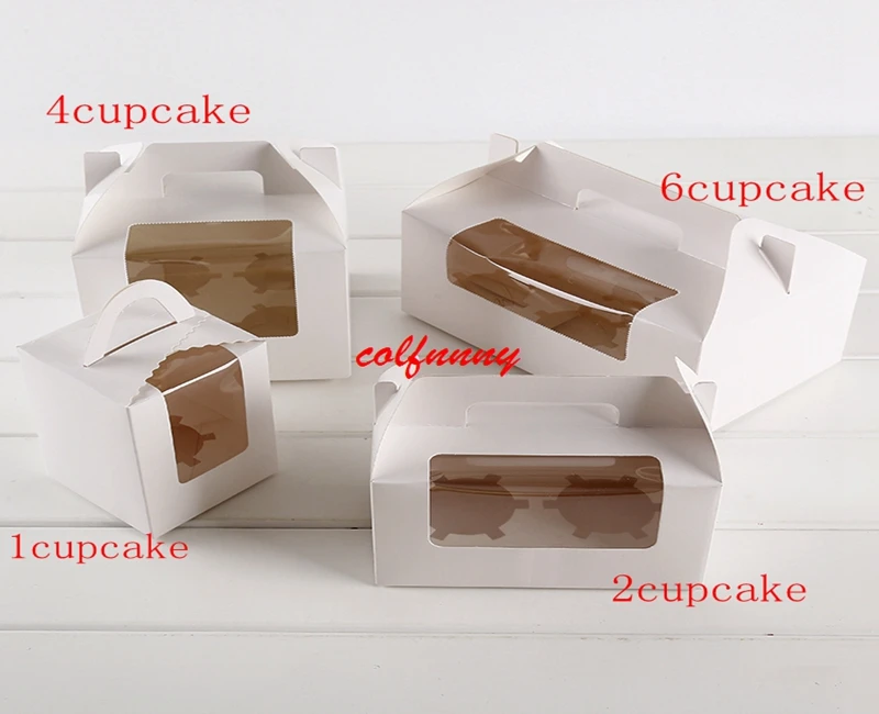 

100pcs/lot Fast Shipping White Card Paper Party Cupcake Boxes Cake Packaging Boxes Holder 2pcs With Handle Muffin Box F062502