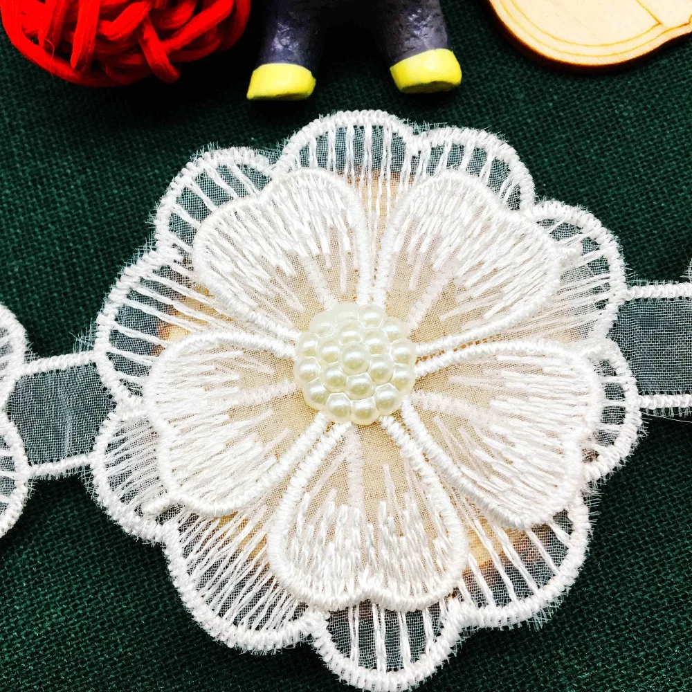 50X Pearl Beaded Flowers Handmade Embroidered Lace  Trim Ribbon Applique Trimmings Sewing Craft For Costume Hat Decoration