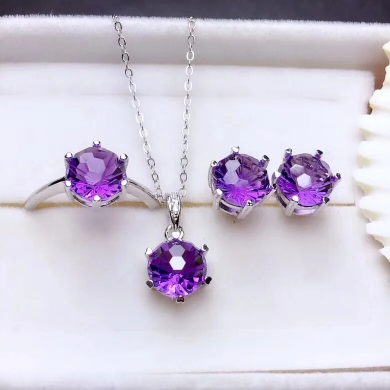 shiny purple amethyst ring earrings and necklace jewelry set women silver fine jewelry round gem fashion ornament birthday gift