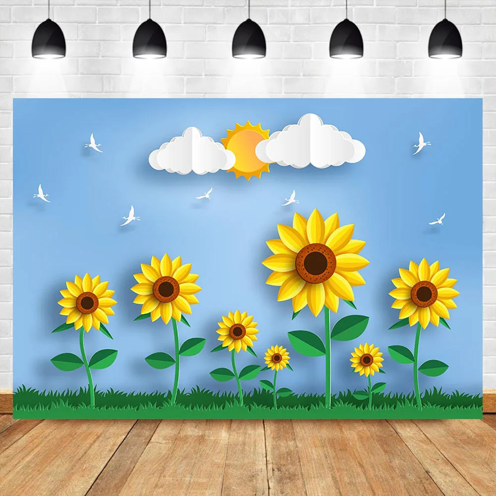 

Sunflower Happy Birthday Backdrop Blue Sky White Clous Newborn Baby Photography Background Baby Shower Decorate Supplies