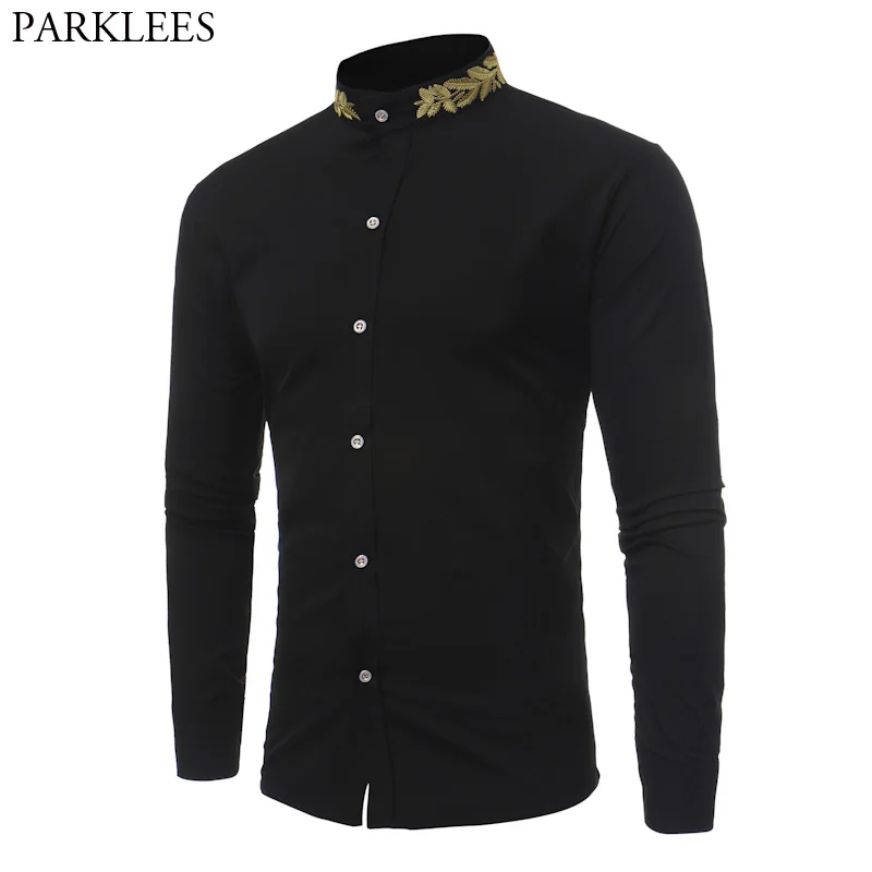 Stand Collar Men Shirt Black 2022 Brand Gold Embroidery Men Long Sleeve Dress Shirts Slim Fit Cotton Male Casual Chemise Homme