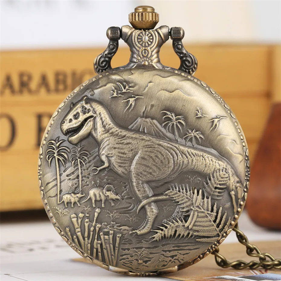 Bronze Dinosaur Display Necklace Quartz Pocket Watch Top Gift Pendant Clock for Kids Men Women Cool Retro Chain Dropshipping